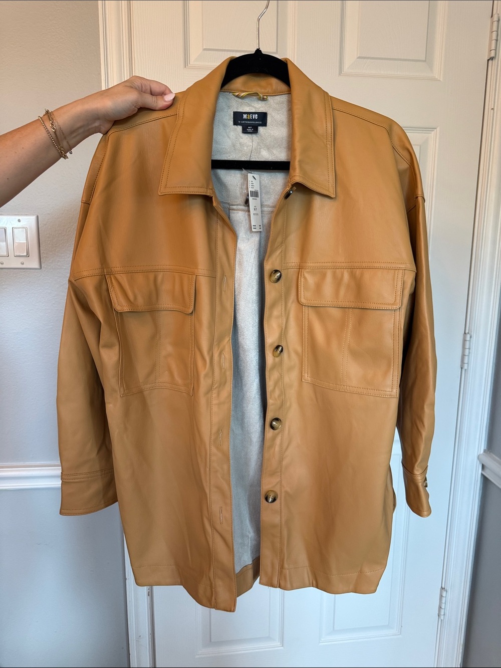 Maeve Tan Faux Leather Shirt Jacket